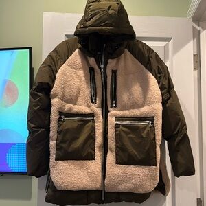 Orolay Tan Fleece and Olive Puffer Hooded Jacket